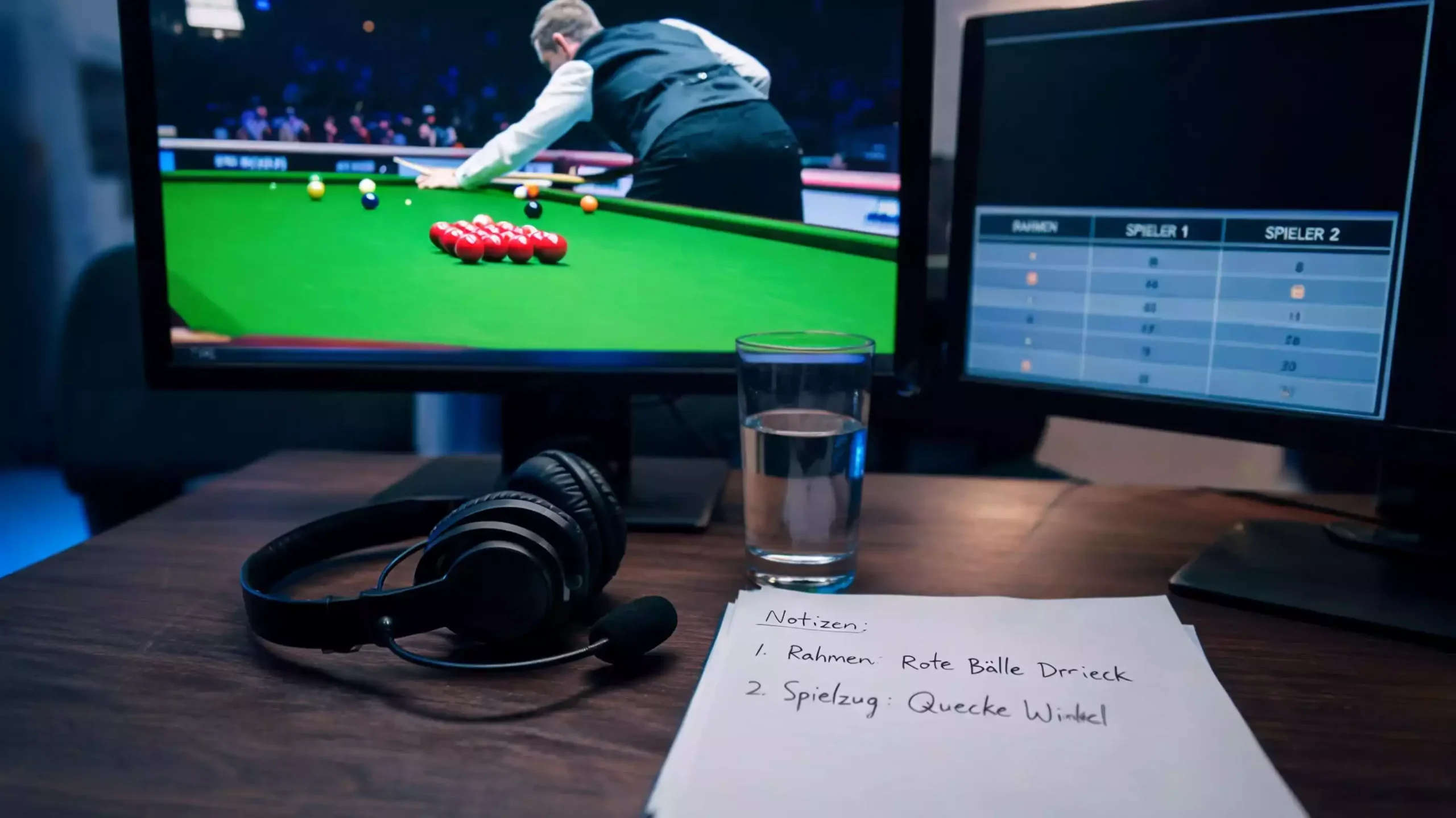 Kommentatoren-Arbeitsplatz mit Kopfhörer und Monitor, im Bild ein Snooker-Match der WM