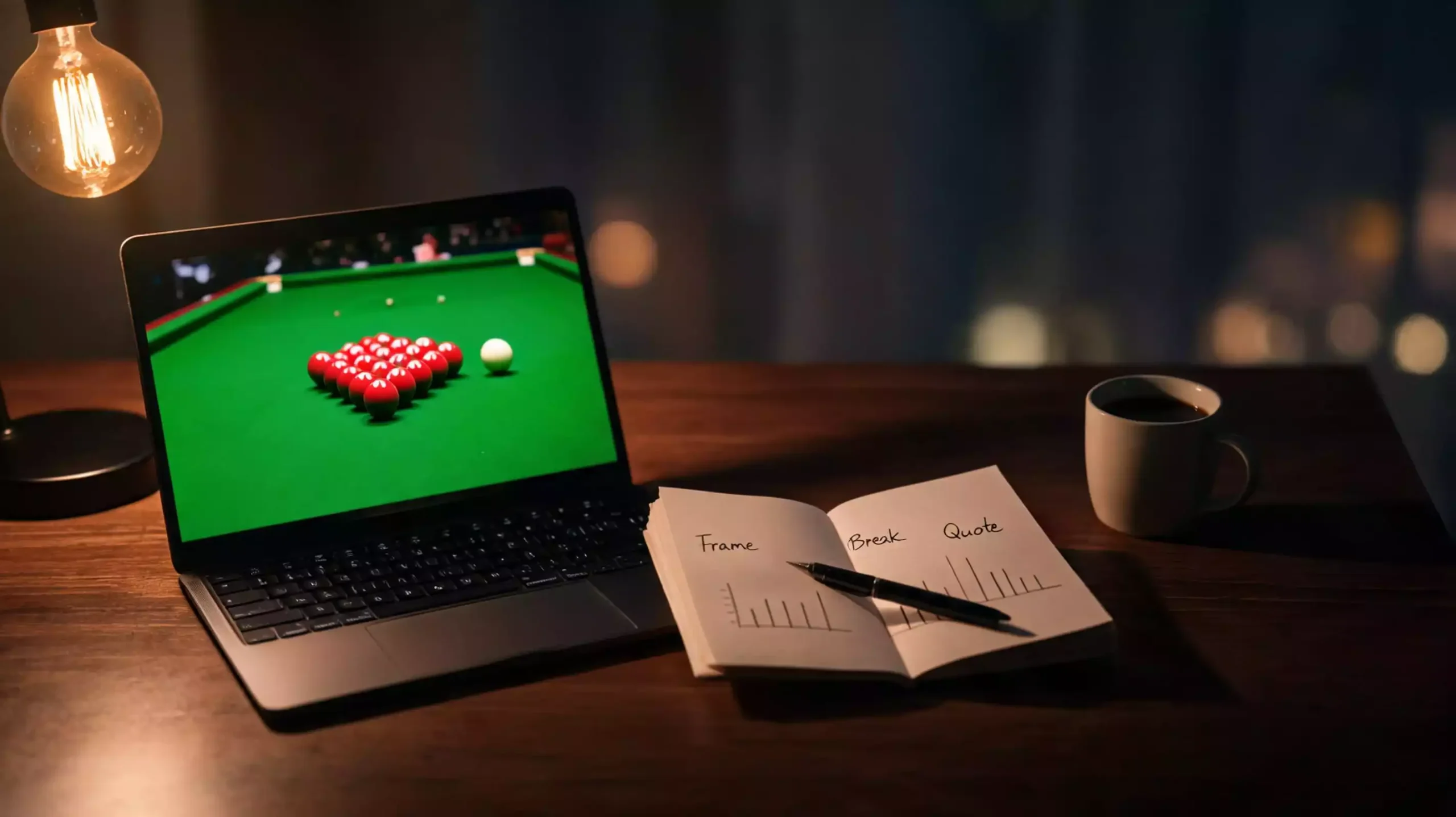 Snooker-Fan analysiert ein laufendes WM-Match am Laptop mit Notizen zur Frame-Statistik