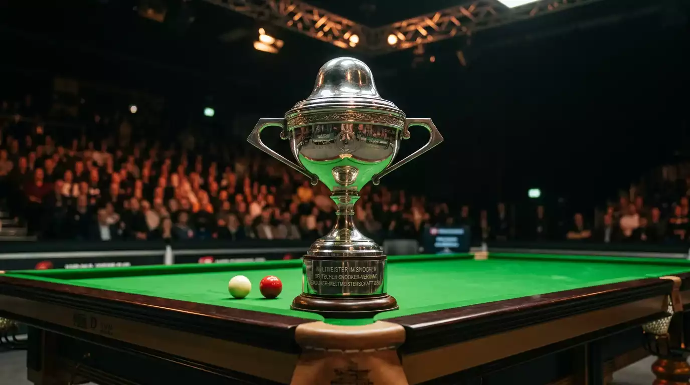Snooker Weltmeister-Trophäe auf grünem Spieltisch nach der WM 2026