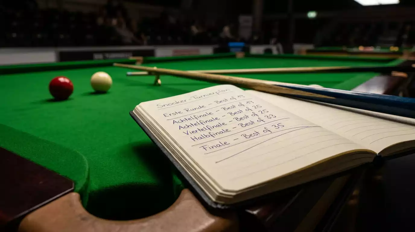 Aufgeschlagenes Notizbuch mit Spielplan der Snooker WM 2026 neben einem Queue