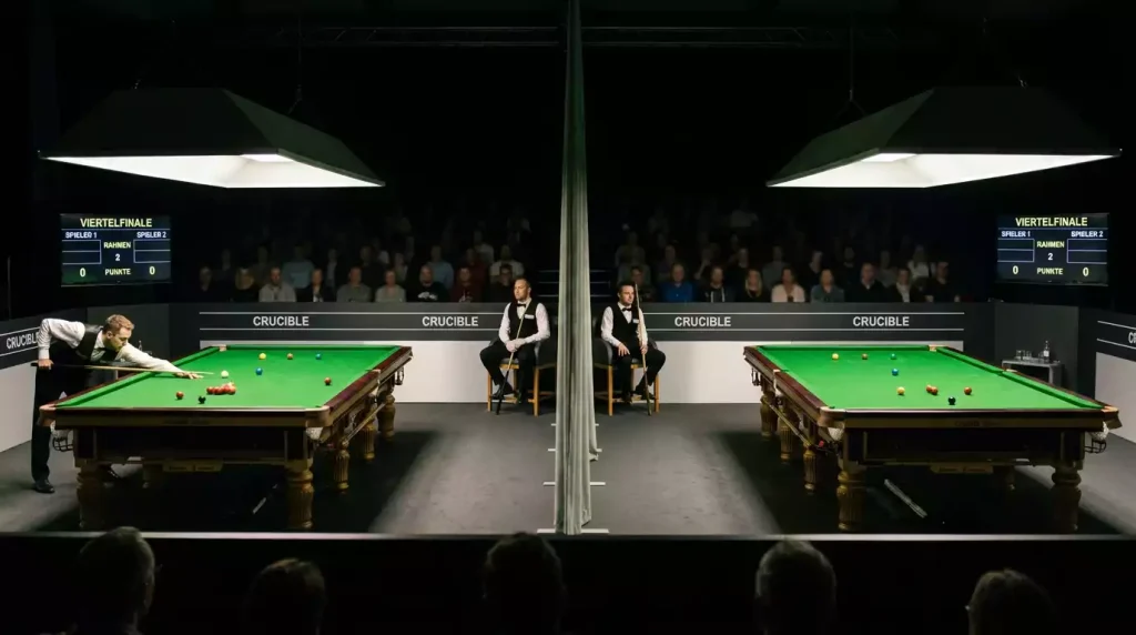 Spieler am Crucible-Tisch beim Viertelfinale der Snooker WM mit Best-of-25-Format