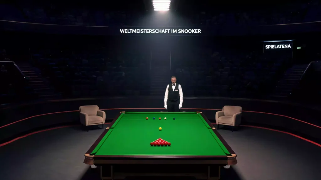 Crucible Theatre mit zentralem Snookertisch unter direkter Bühnenbeleuchtung während der Snooker WM 2026