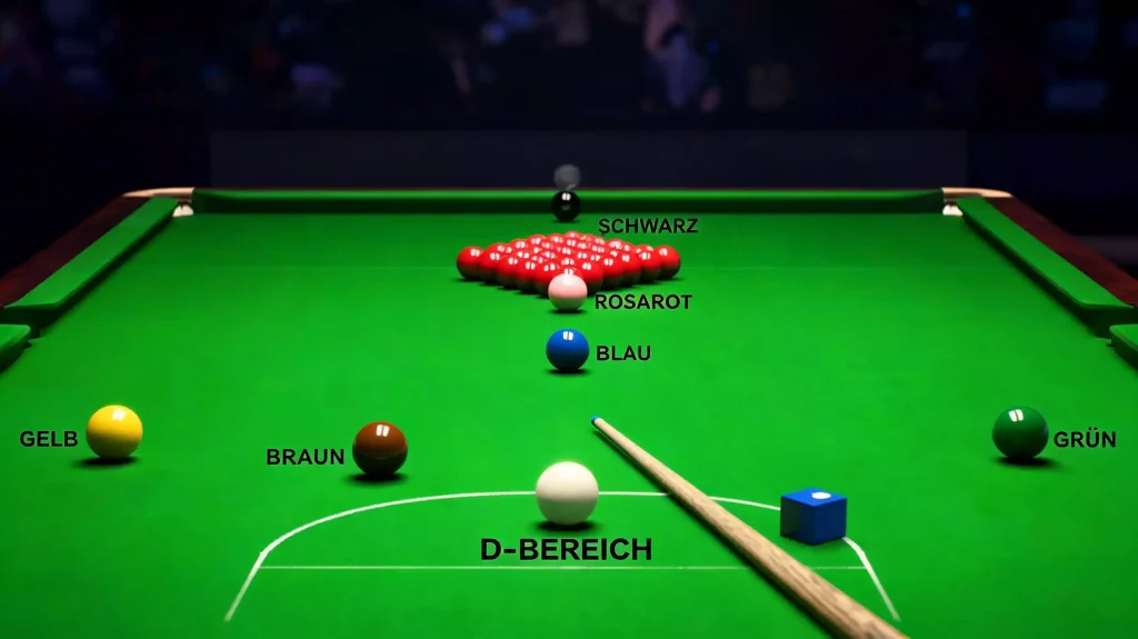 Aufgesetzte rote und farbige Snookerbälle in Eröffnungsposition auf grünem Tuch bei der Snooker WM 2026