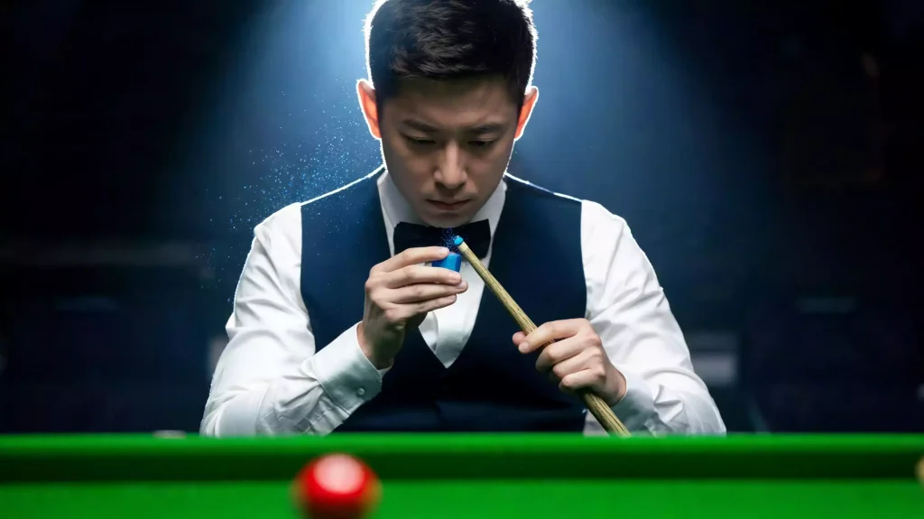 Snookerspieler kreidet sein Queue vor einem präzisen Stoß bei der Snooker WM 2026