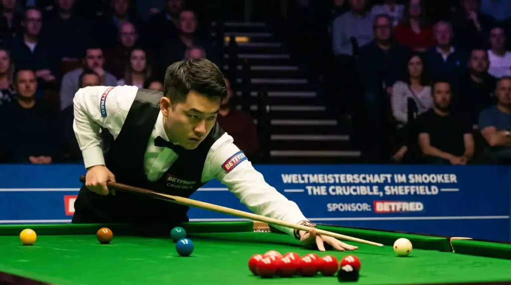 Zhao Xintong als linkshändiger Snooker-Weltmeister 2026 beim Comeback-Sieg im Crucible